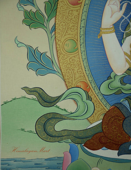 Chenrezig Meditation Art – Upper right hand holding a crystal mala symbolizing compassion.