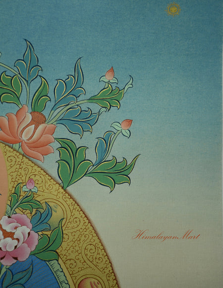 Sun in the top corner of Chenrezig Meditation Art symbolizing wisdom and enlightenment.