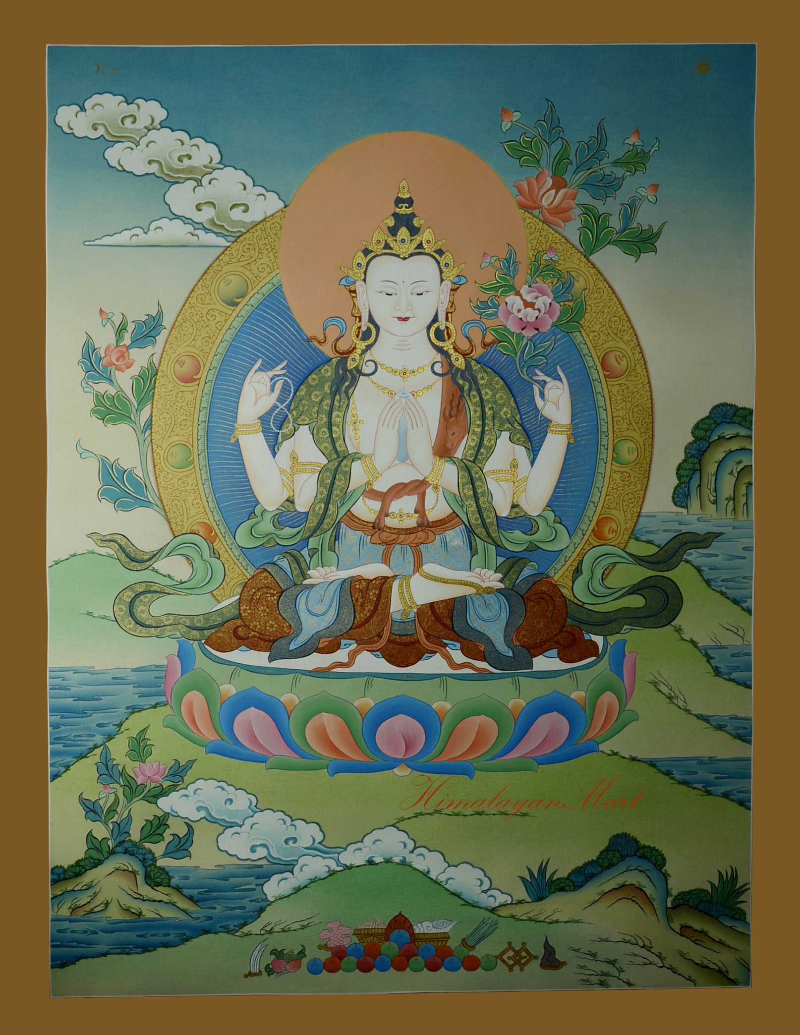 Chenrezig Meditation Art – Full view of hand-painted Tibetan Thangka with 24K gold detail.