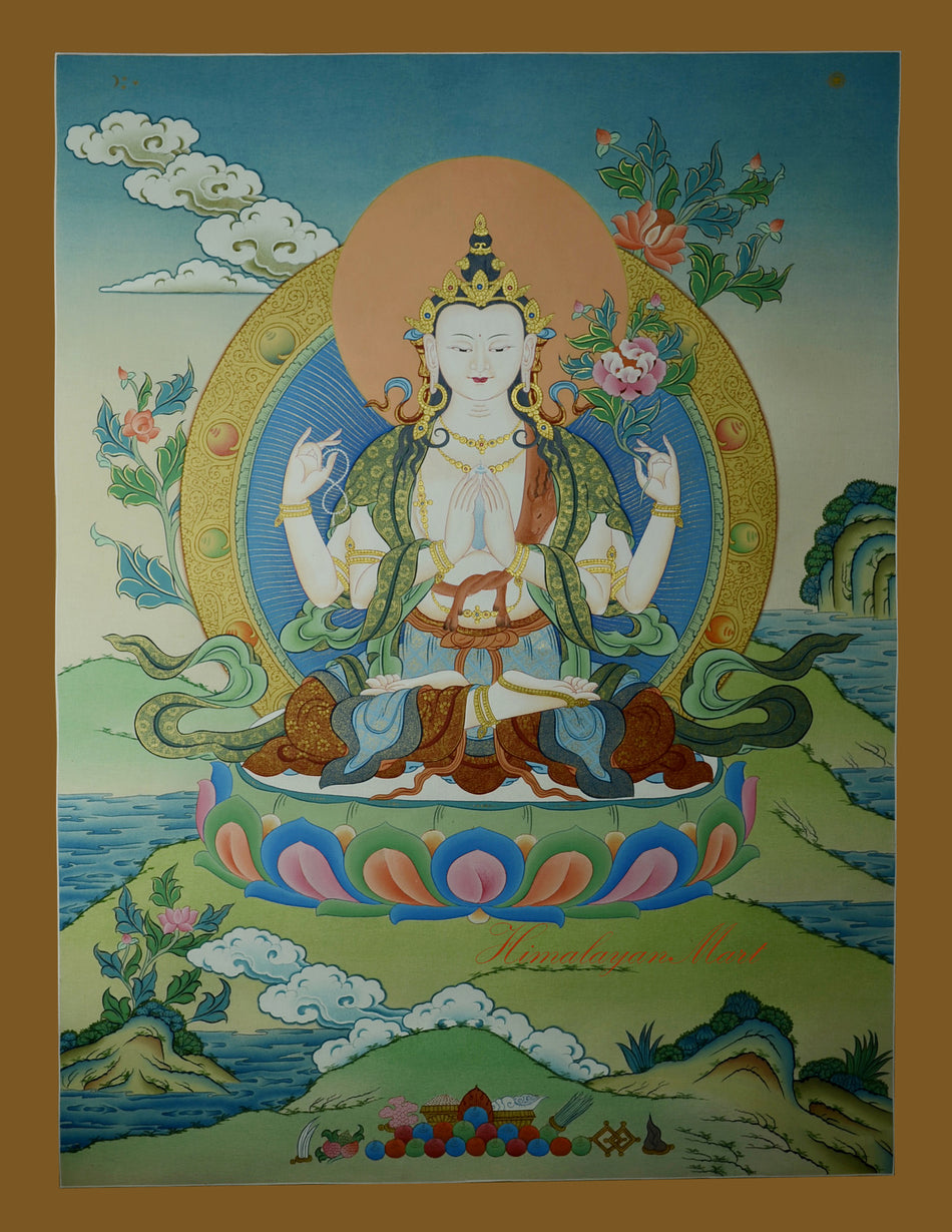Chenrezig Meditation Art – Full view of hand-painted Tibetan Thangka with 24K gold detail.