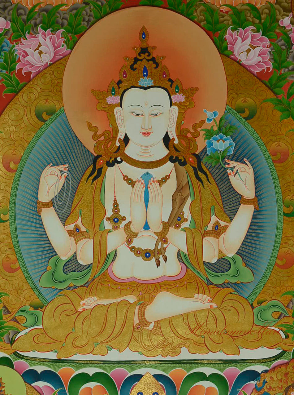 Close-up of hand-painted detail work in Chenrezig Tibetan thangka painting.