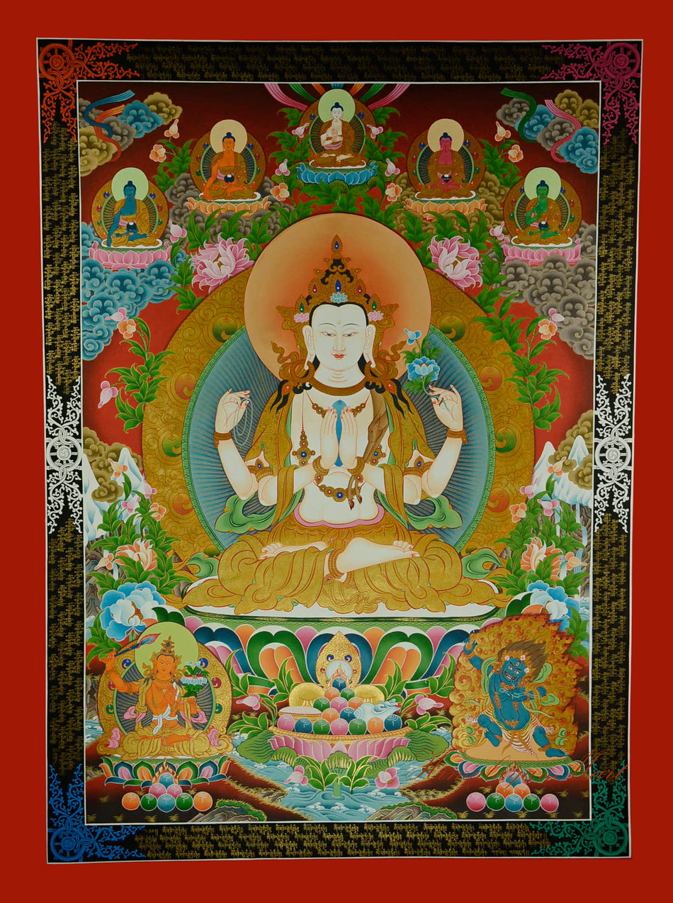 Hand-painted Chenrezig thangka in traditional Tibetan style with intricate spiritual symbolism.