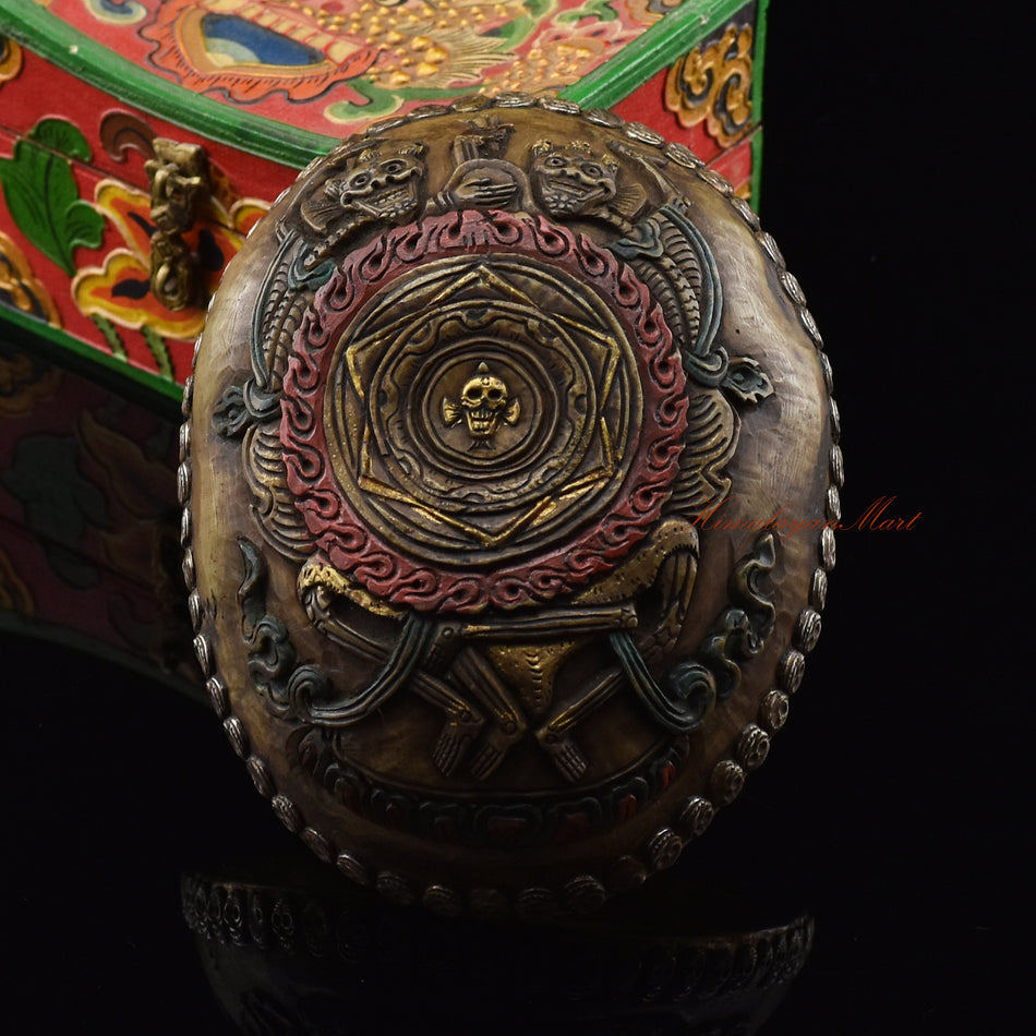 Citipati Dharmodaya Mandala Resin Kapala showing dancing Citipati figures above a carved dharmodaya mandala design