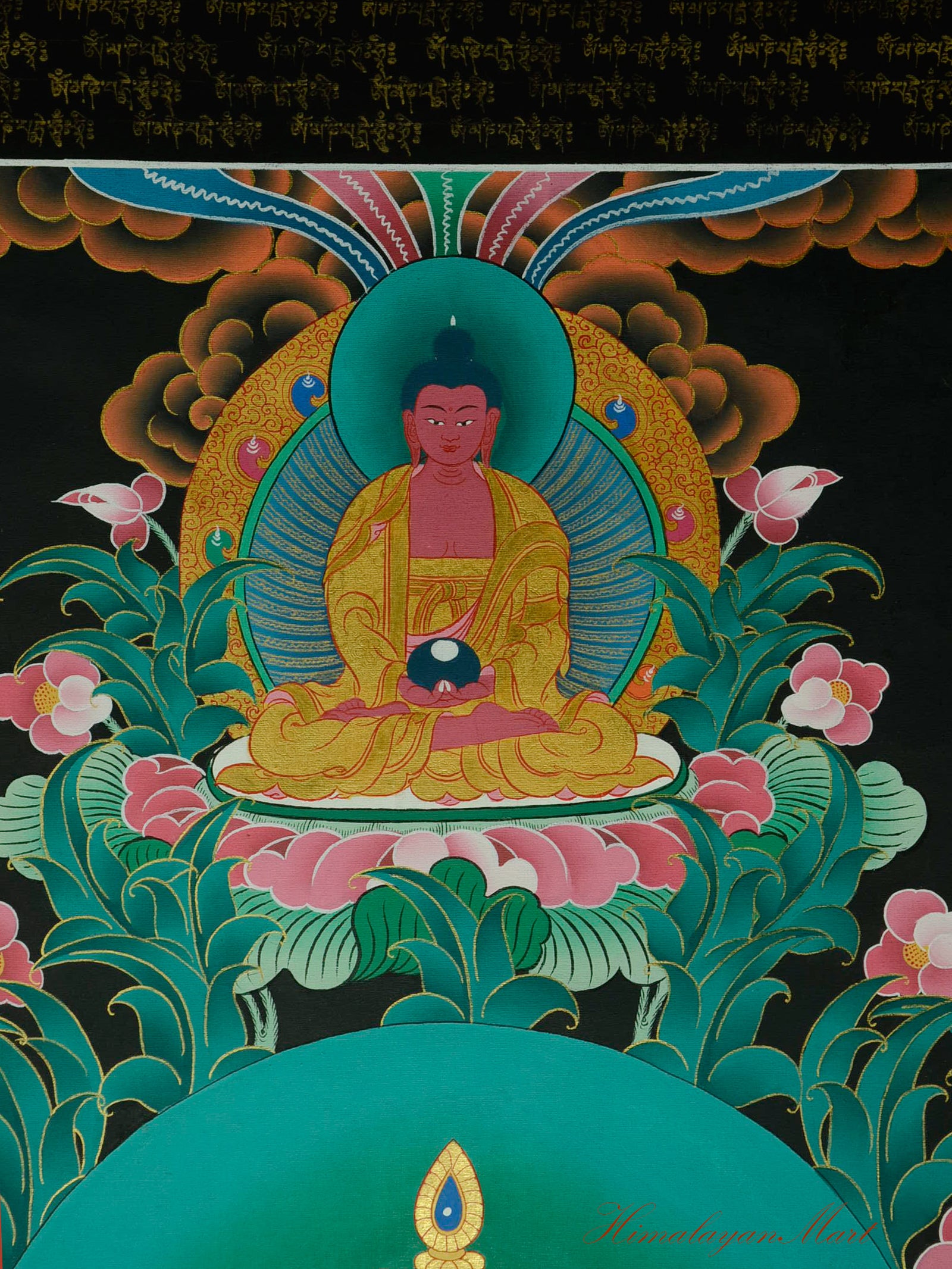Detail of Amitabha Buddha above Chenrezig in the Compassion Buddha Thangka painting.