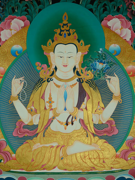 Close-up of Chenrezig in the Compassion Buddha Thangka, showing four arms and serene expression.