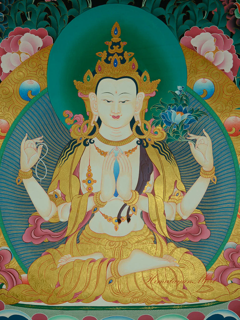 Close-up of Chenrezig in the Compassion Buddha Thangka, showing four arms and serene expression.