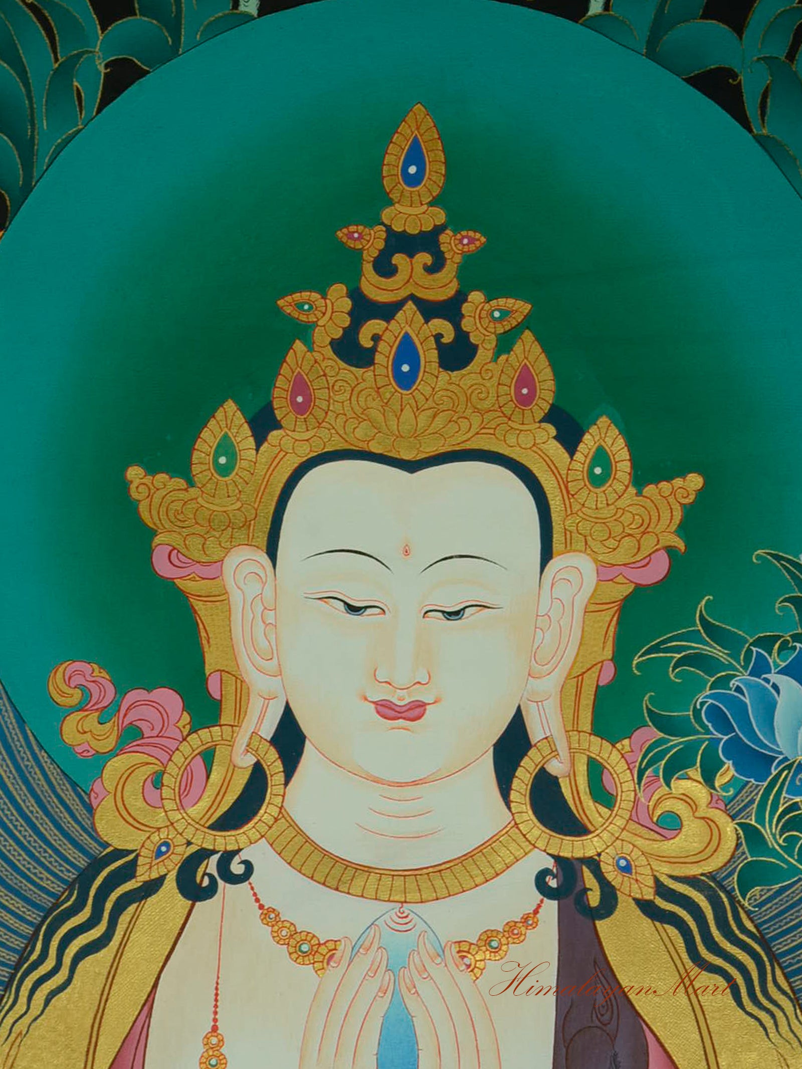 Detailed view of Chenrezig’s face in the Compassion Buddha Thangka, hand-painted with 24K gold.