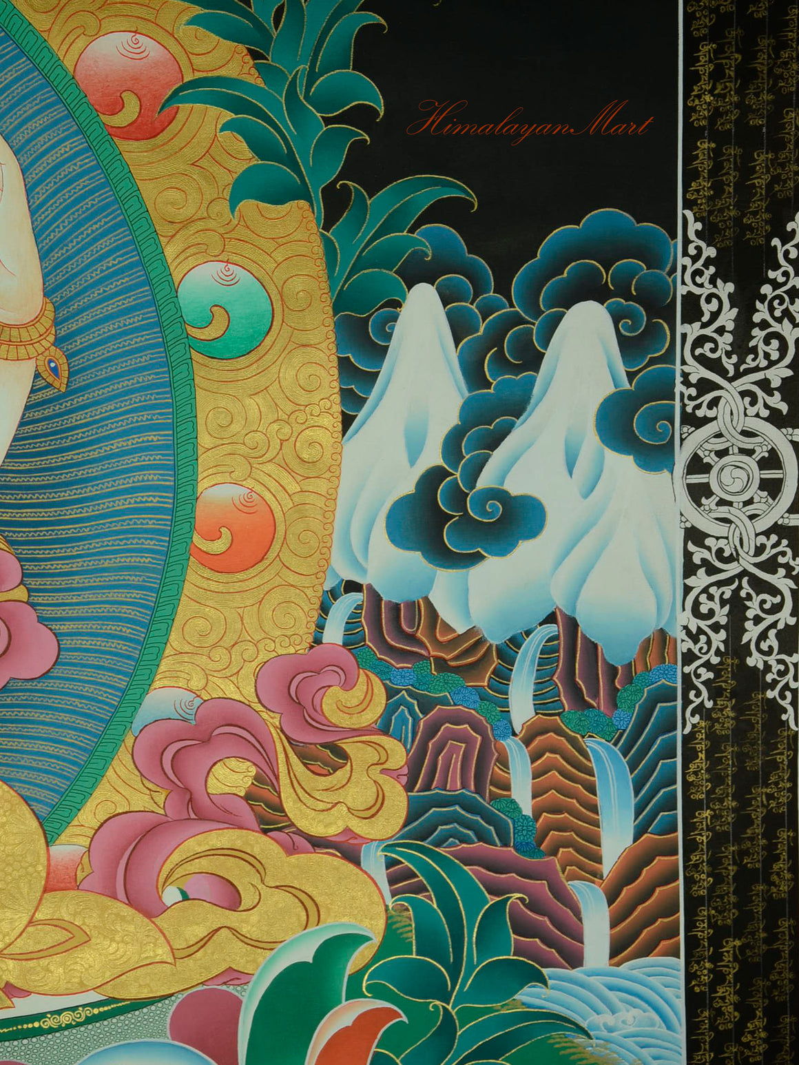 Snow-capped mountain detail to the left of Chenrezig in the black-background Tibetan Thangka.