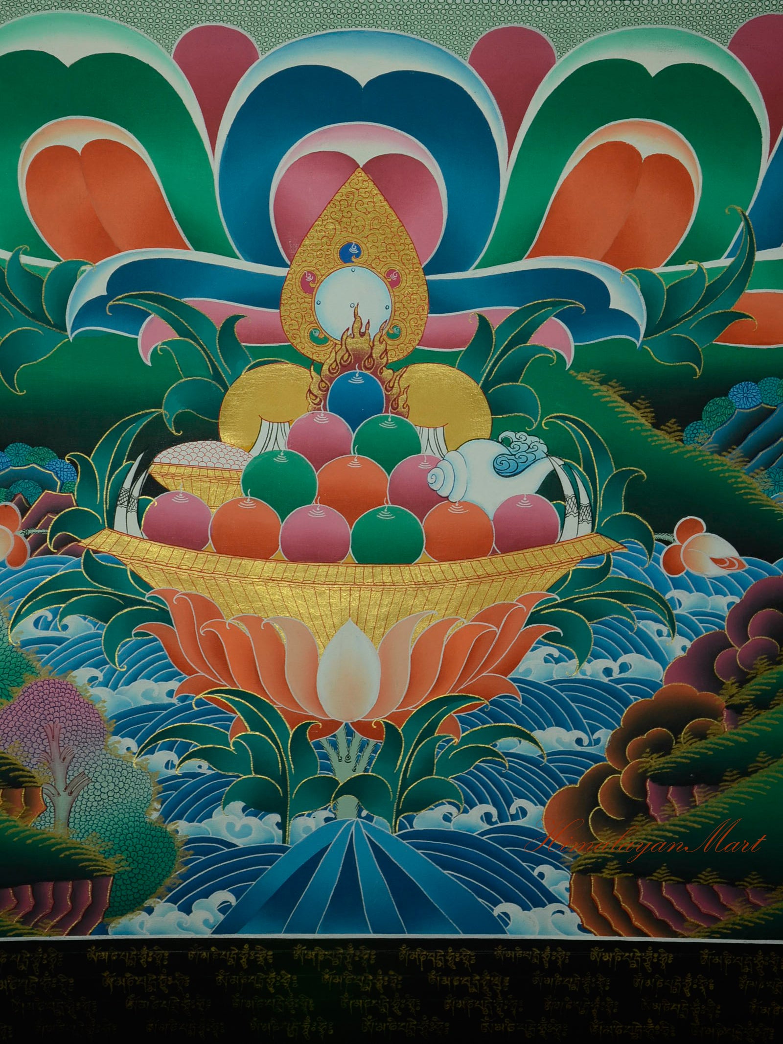 Lotus base beneath Chenrezig in the Compassion Buddha Thangka, symbolizing purity and enlightenment.