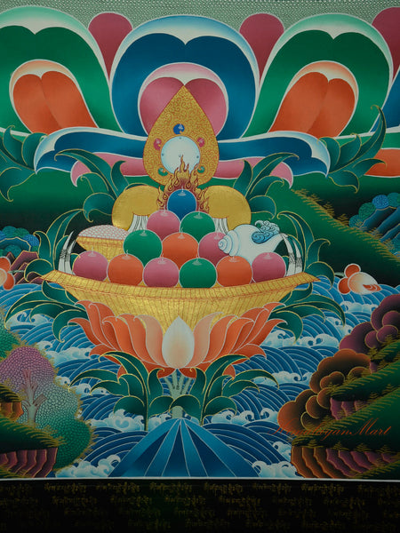 Lotus base beneath Chenrezig in the Compassion Buddha Thangka, symbolizing purity and enlightenment.