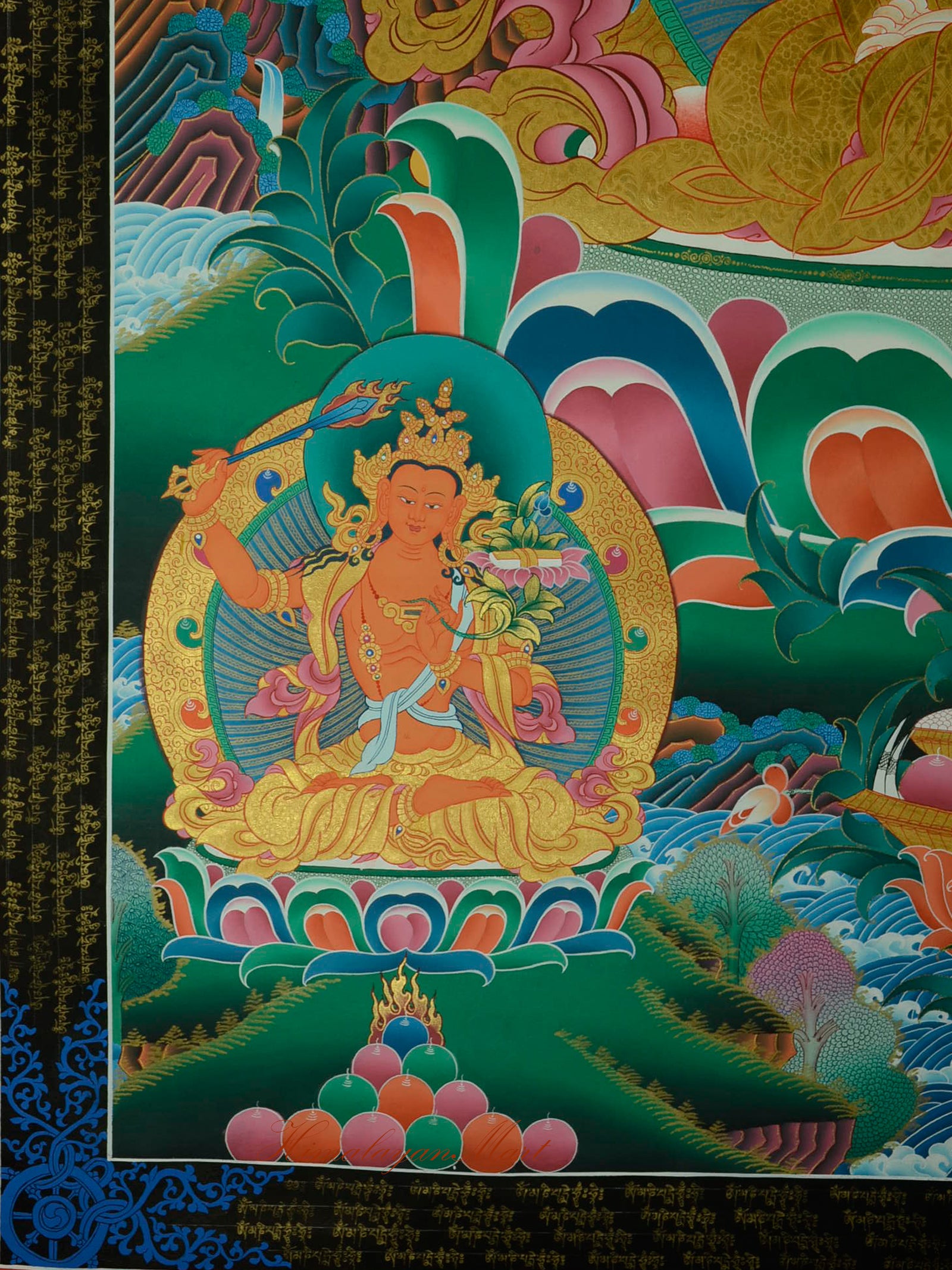 Manjushri detail shown at the lower right of Chenrezig in the traditional Tibetan Thangka painting.