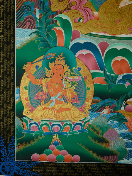 Manjushri detail shown at the lower right of Chenrezig in the traditional Tibetan Thangka painting.