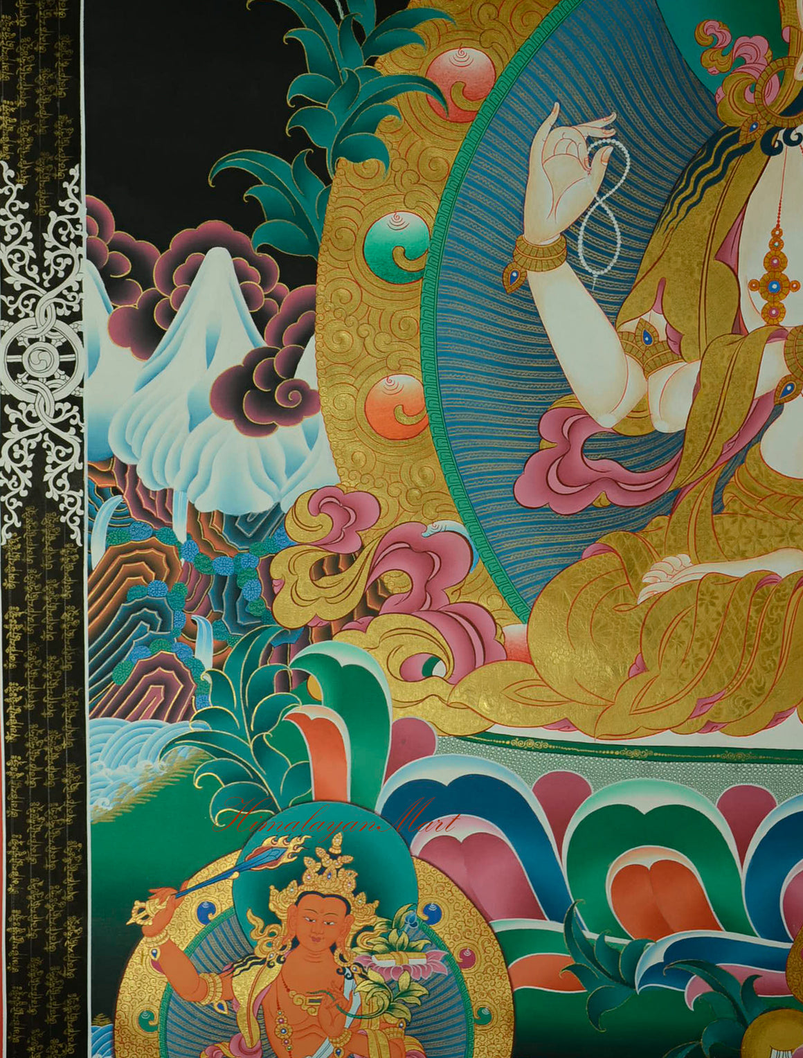 Close-up of Chenrezig’s right hand holding a crystal rosary in the Compassion Buddha Thangka.