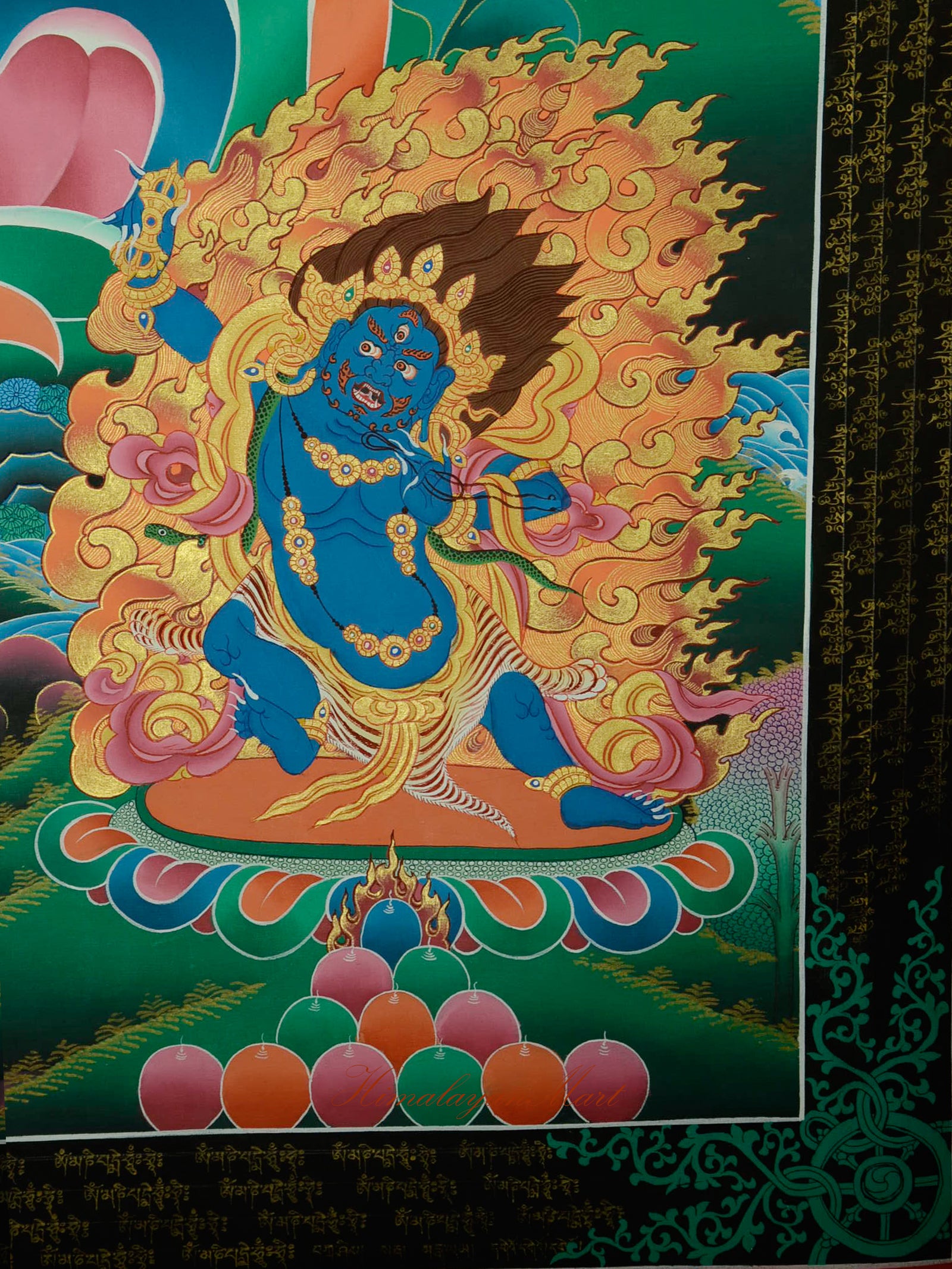Vajrapani detail at the lower left of Chenrezig in the Compassion Buddha Thangka.