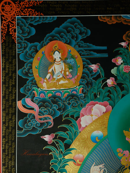 White Tara detail to the upper left of Chenrezig in the Compassion Buddha Thangka painting.
