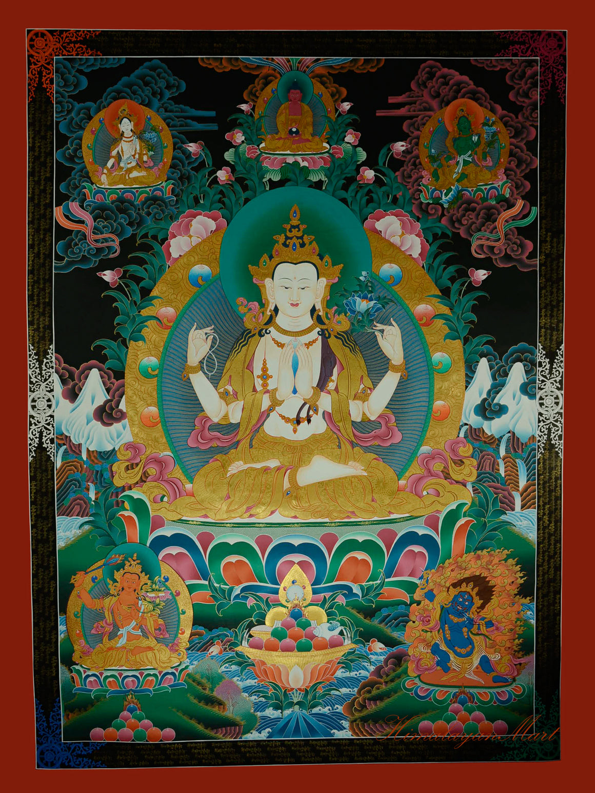 Compassion Buddha Thangka featuring Chenrezig, the Four-Armed Avalokiteshvara, in traditional Tibetan style.