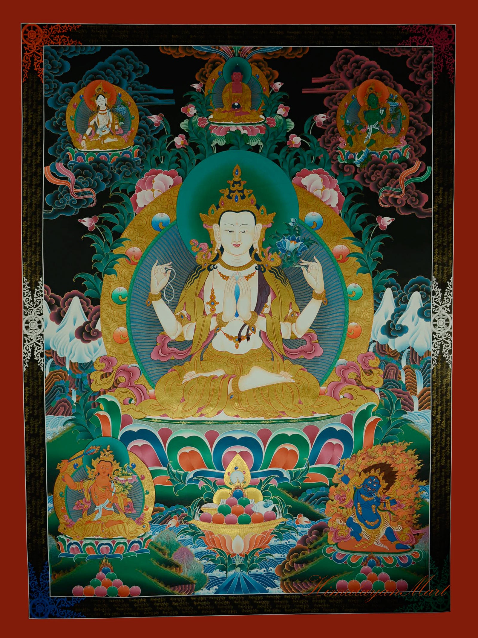 Compassion Buddha Thangka featuring Chenrezig, the Four-Armed Avalokiteshvara, in traditional Tibetan style.