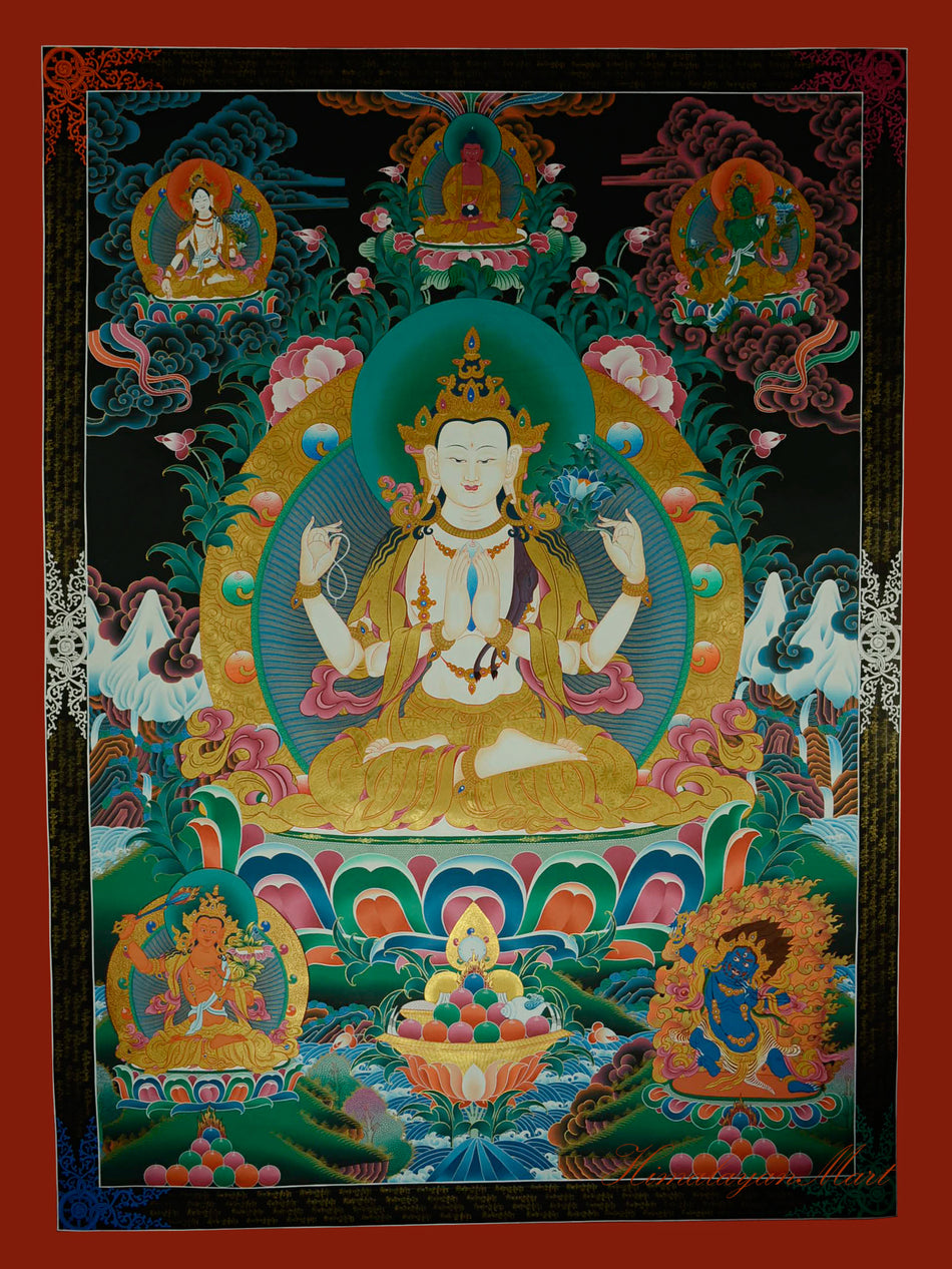 Compassion Buddha Thangka featuring Chenrezig, the Four-Armed Avalokiteshvara, in traditional Tibetan style.
