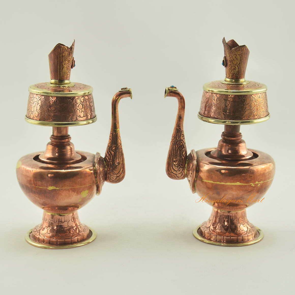 Copper Bhumba Offering Set displayed together, handcrafted Tibetan Buddhist ritual vessels with brass rings and stone inlay