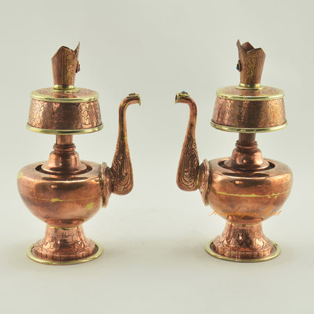 Copper Bhumba Offering Set displayed together, handcrafted Tibetan Buddhist ritual vessels with brass rings and stone inlay