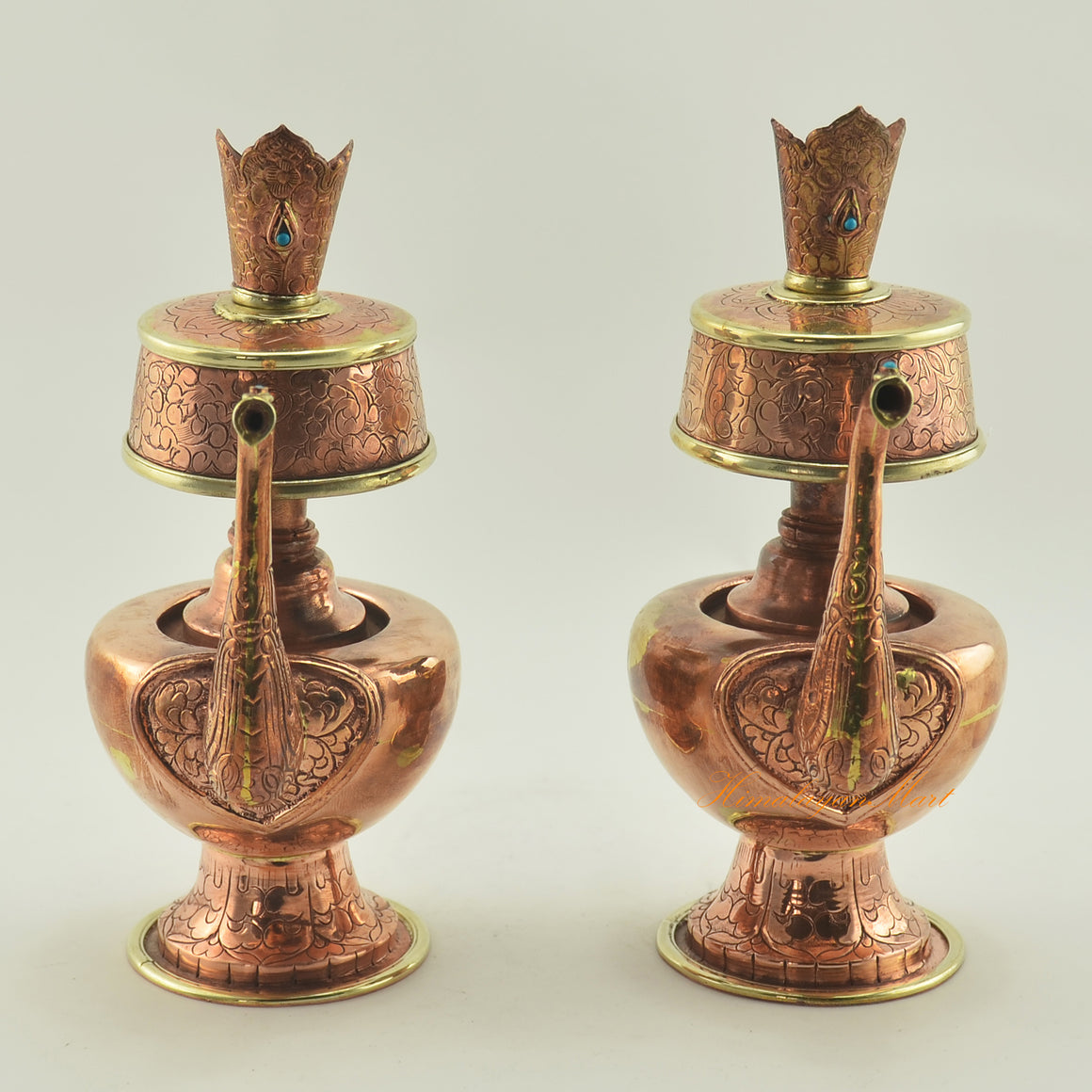 Copper Bhumba Offering Set handcrafted as a Tibetan Buddhist ritual vessel with coral and turquoise decoration