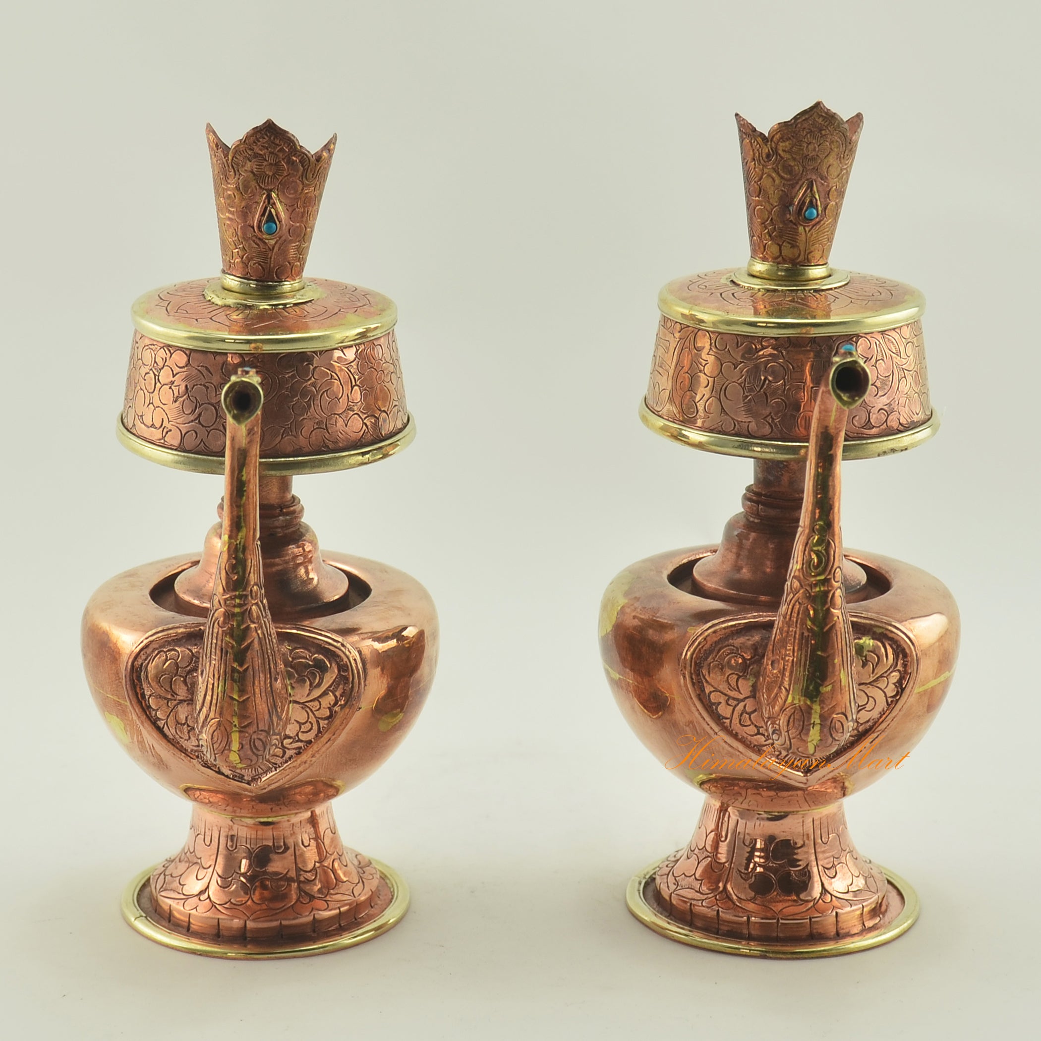 Copper Bhumba Offering Set handcrafted as a Tibetan Buddhist ritual vessel with coral and turquoise decoration
