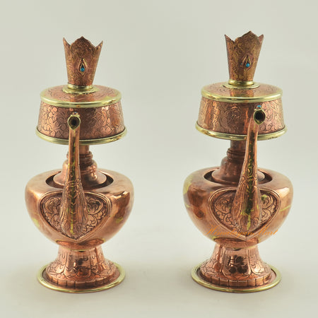 Copper Bhumba Offering Set handcrafted as a Tibetan Buddhist ritual vessel with coral and turquoise decoration