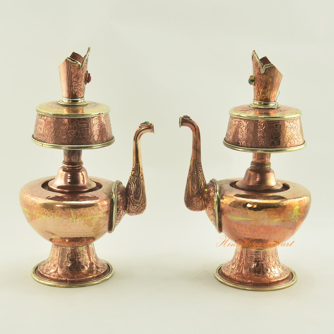 Copper Bhumpa Vase set displayed together, hand-carved copper alloy Buddhist ritual vessels with brass accents