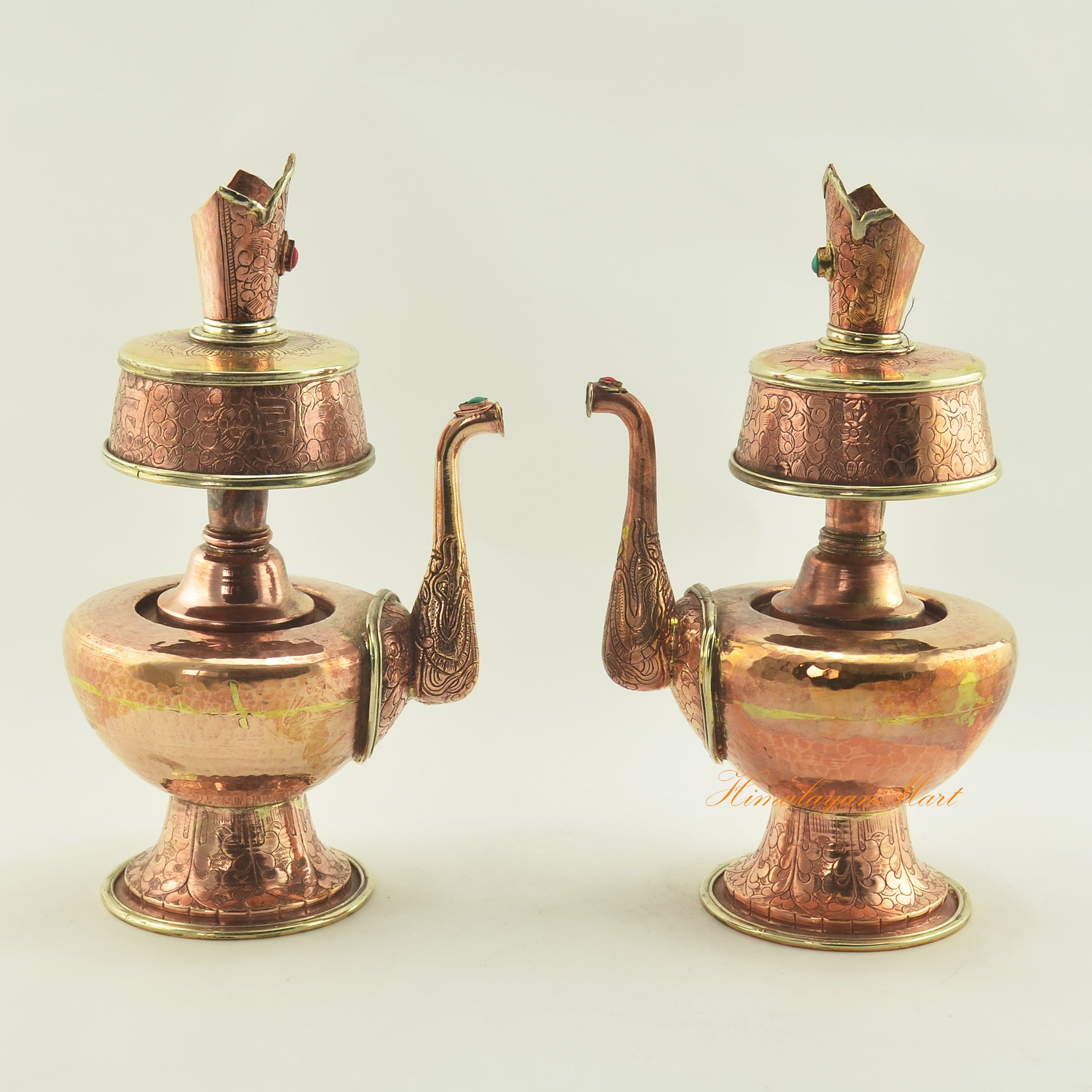 Copper Bhumpa Vase set displayed together, hand-carved copper alloy Buddhist ritual vessels with brass accents