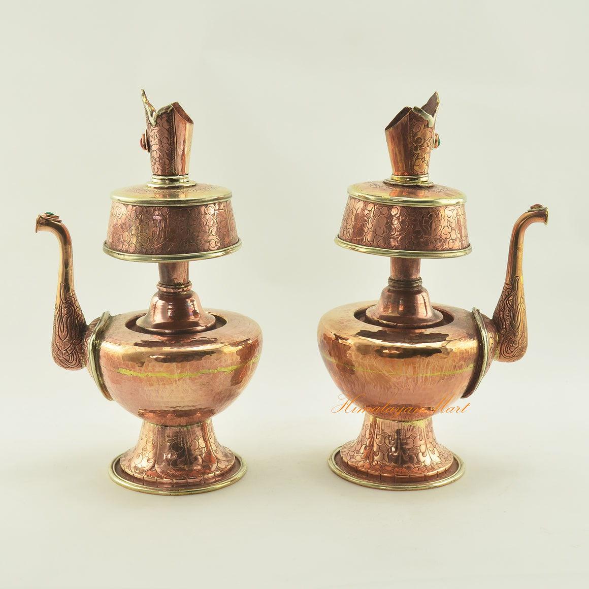 Left and right view of Copper Bhumpa Vase showing hand-carved copper alloy form and brass ring details