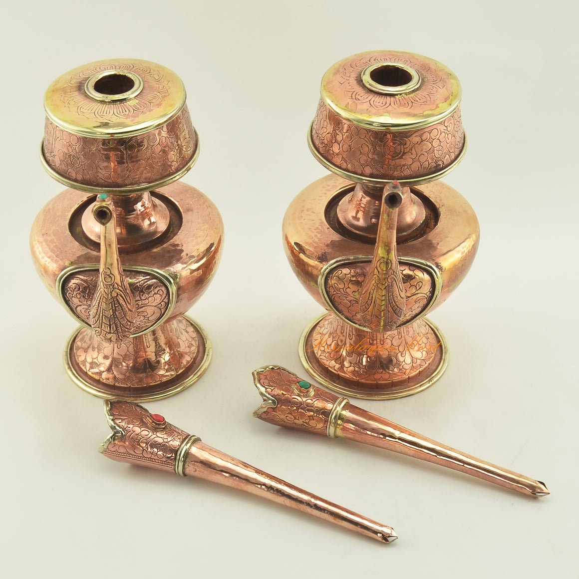 Detail view of Copper Bhumpa Vase parts featuring fine hand carving and coral turquoise stone embellishment