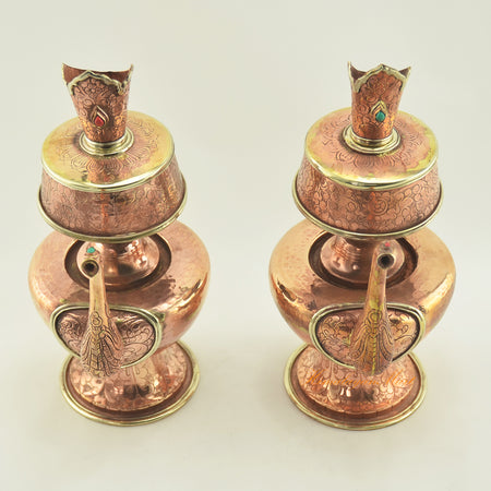 Top view of Copper Bhumpa Vase showing upper rim, brass ring accents, and carved copper surface
