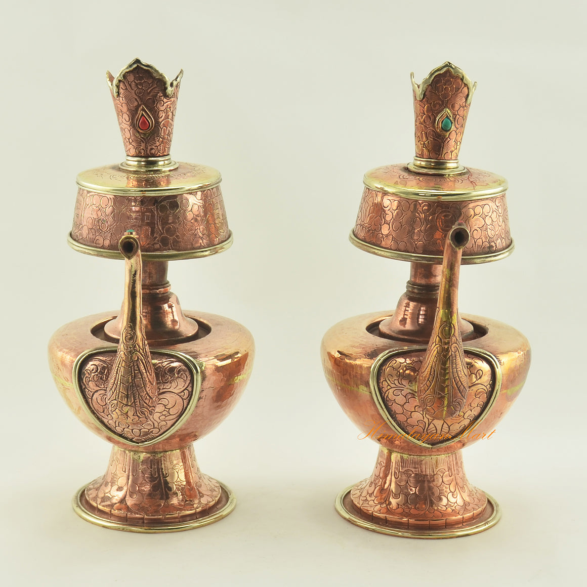 Copper Bhumpa Vase for Buddhist rituals, handcrafted copper alloy vessel with brass accents and stone inlay