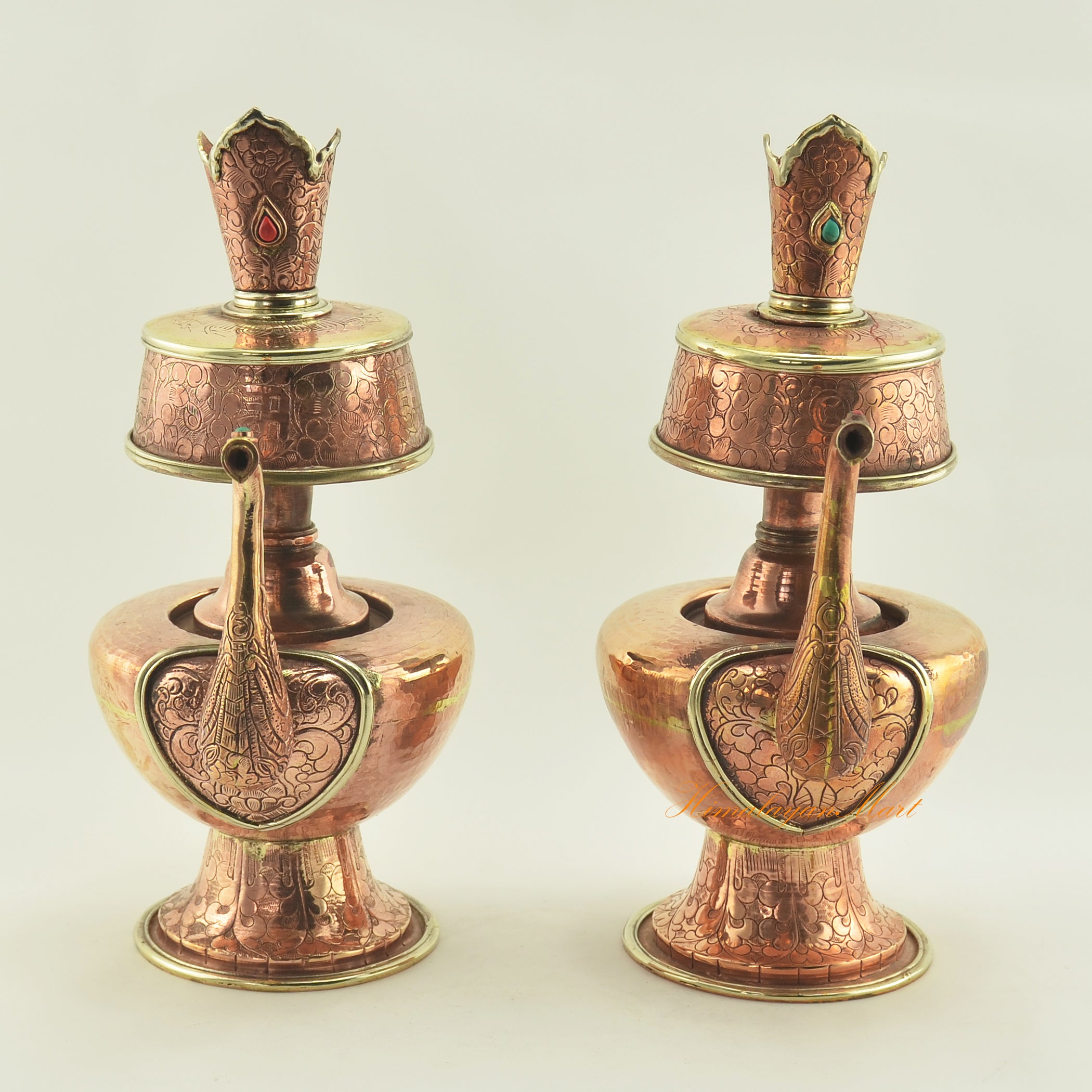 Copper Bhumpa Vase for Buddhist rituals, handcrafted copper alloy vessel with brass accents and stone inlay