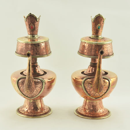 Copper Bhumpa Vase for Buddhist rituals, handcrafted copper alloy vessel with brass accents and stone inlay