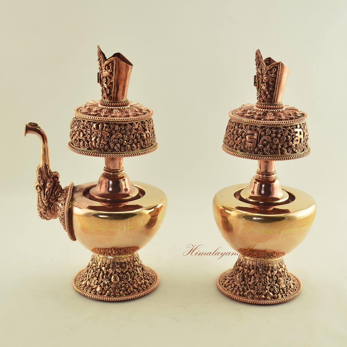 Left angled view of Copper Ritual Bhumba Set highlighting traditional copper craftsmanship