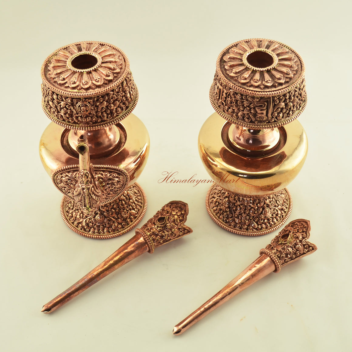 Detailed view of Copper Ritual Bhumba Set parts showing spouted and unspouted ritual vessels