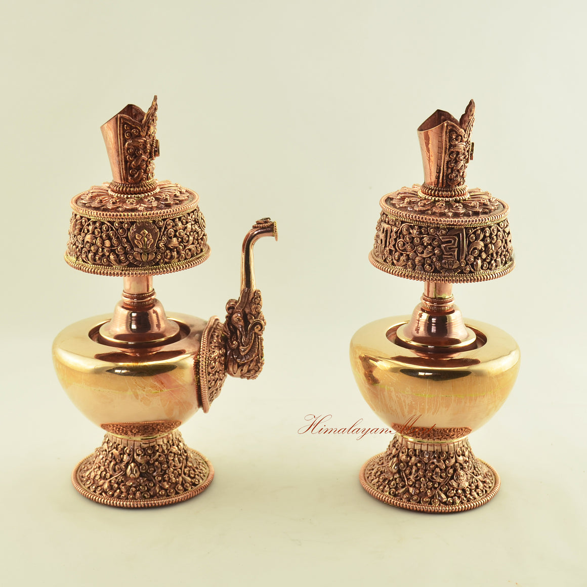 Right angled view of Copper Ritual Bhumba Set with fine hand carvings in copper alloy