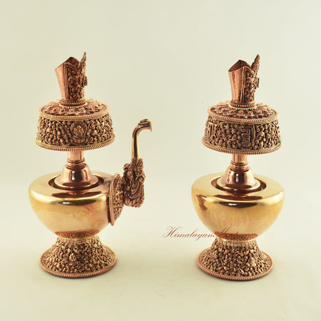 Right angled view of Copper Ritual Bhumba Set with fine hand carvings in copper alloy