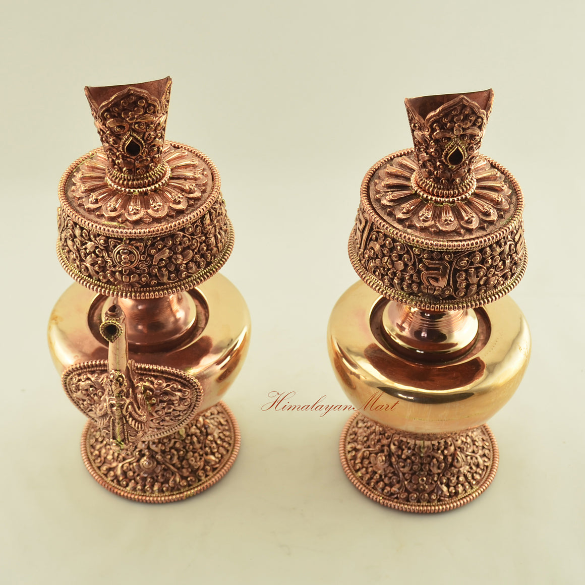 Upper rim detail of Copper Ritual Bhumba Set showing hand-carved copper alloy finish