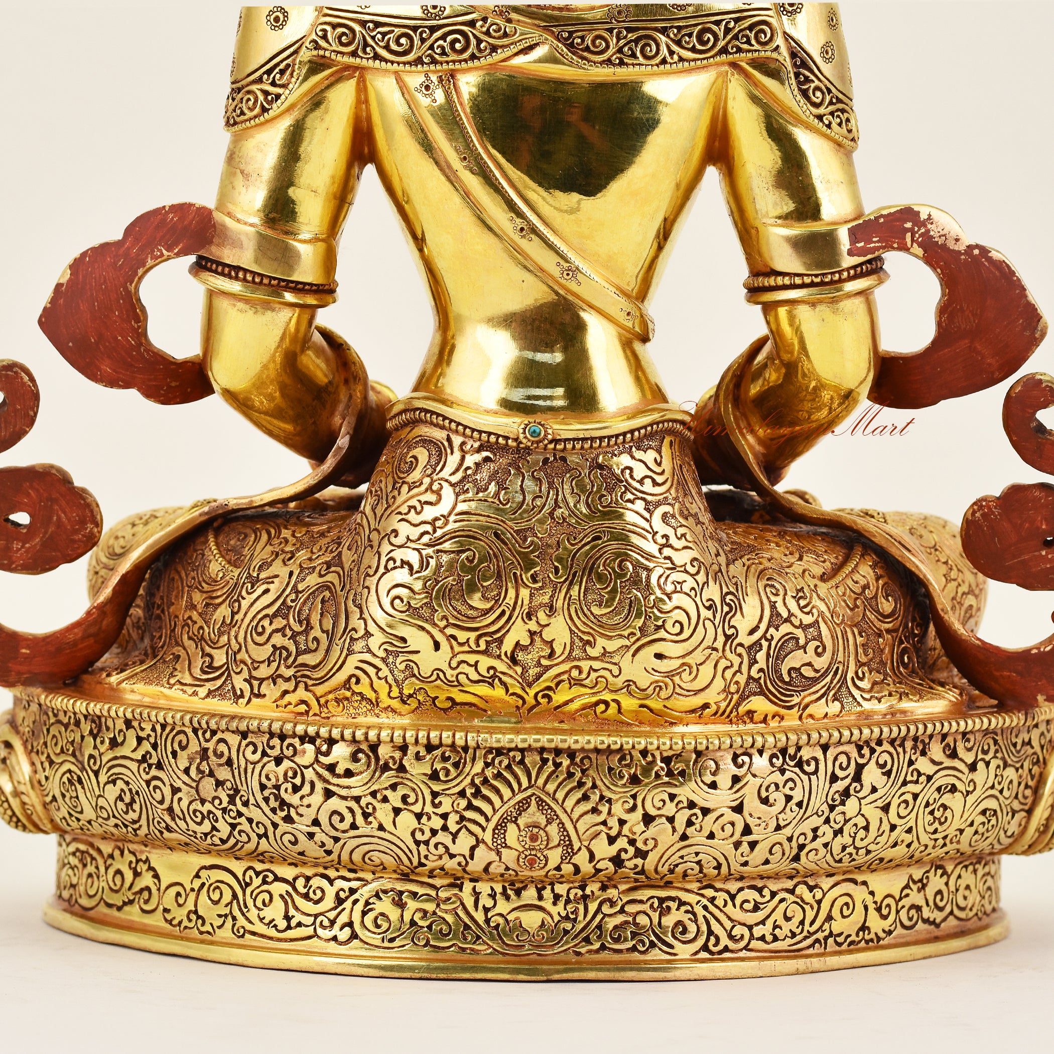 Close-up back detail of the Crowned Amitayus statue, emphasizing intricate carving, flowing robes, and fine handcrafted Buddhist artistry.