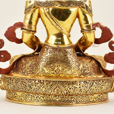 Close-up back detail of the Crowned Amitayus statue, emphasizing intricate carving, flowing robes, and fine handcrafted Buddhist artistry.