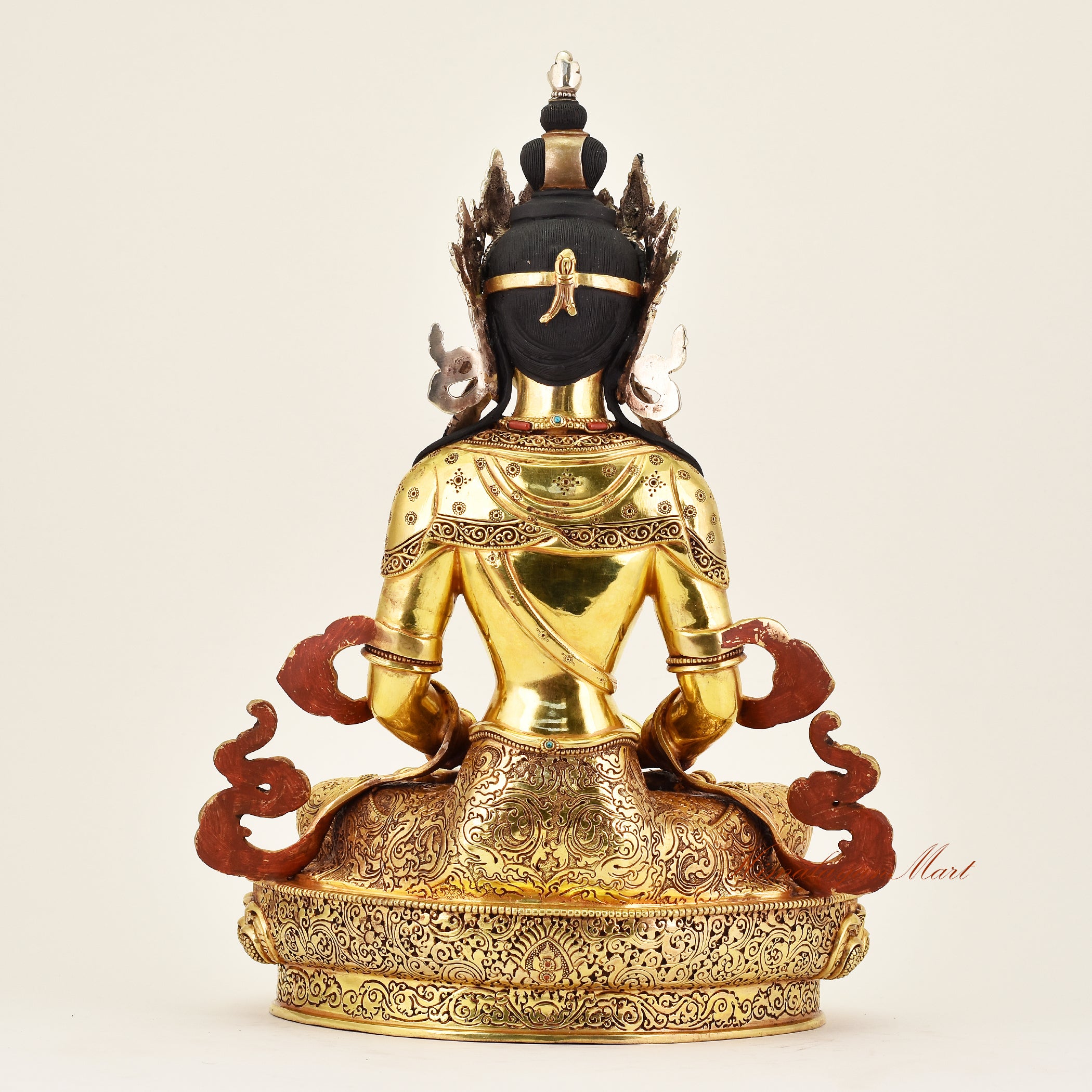 Back view of a handcrafted Crowned Amitayus statue, revealing detailed robes and refined Buddhist sculptural workmanship.