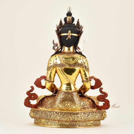 Back view of a handcrafted Crowned Amitayus statue, revealing detailed robes and refined Buddhist sculptural workmanship.