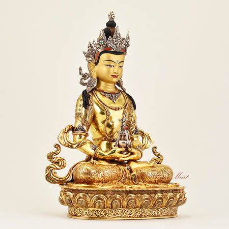 Right-side view of a Crowned Amitayus statue, showcasing fine craftsmanship and symbolic Buddhist artistry representing longevity and compassion.