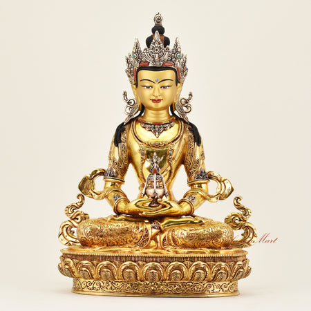 Crowned Amitayus statue symbolizing longevity and compassion, handcrafted Buddhist sacred art with refined details for altar and meditation spaces.