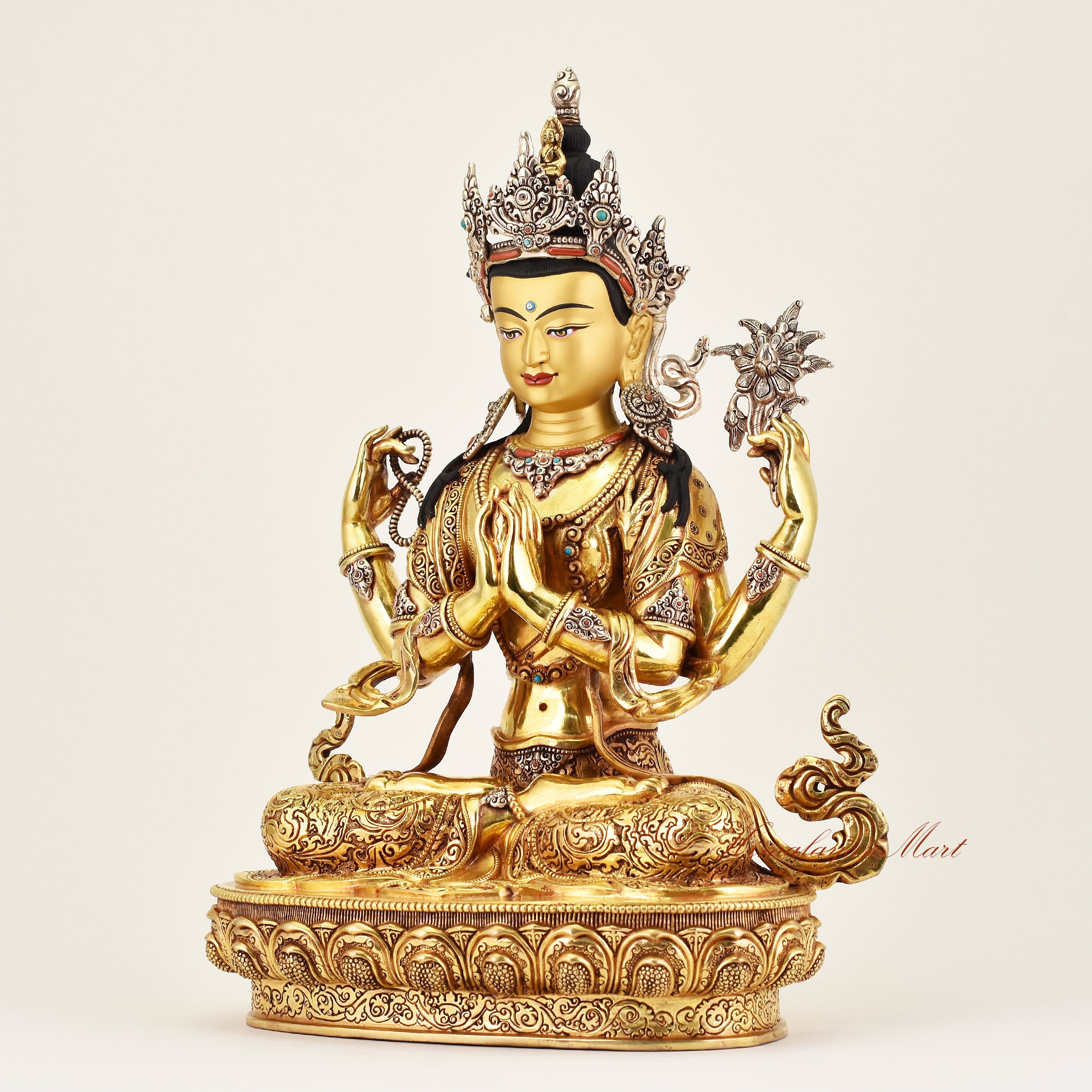 Left-side view of the Crowned Chenrezig statue, highlighting detailed ornamentation and the serene expression of this Buddhist sacred sculpture.