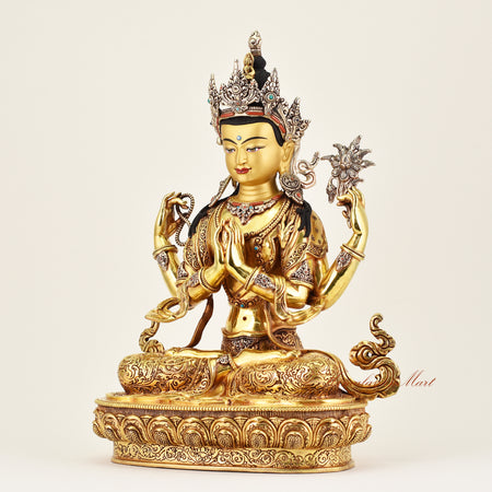Left-side view of the Crowned Chenrezig statue, highlighting detailed ornamentation and the serene expression of this Buddhist sacred sculpture.