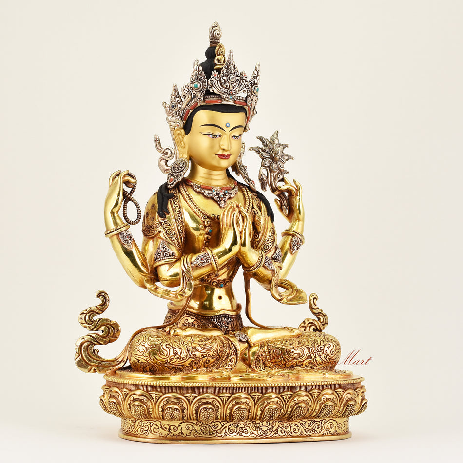 Right-side view of a Crowned Chenrezig statue, showcasing intricate craftsmanship and symbolic Buddhist artistry emphasizing compassion and wisdom.