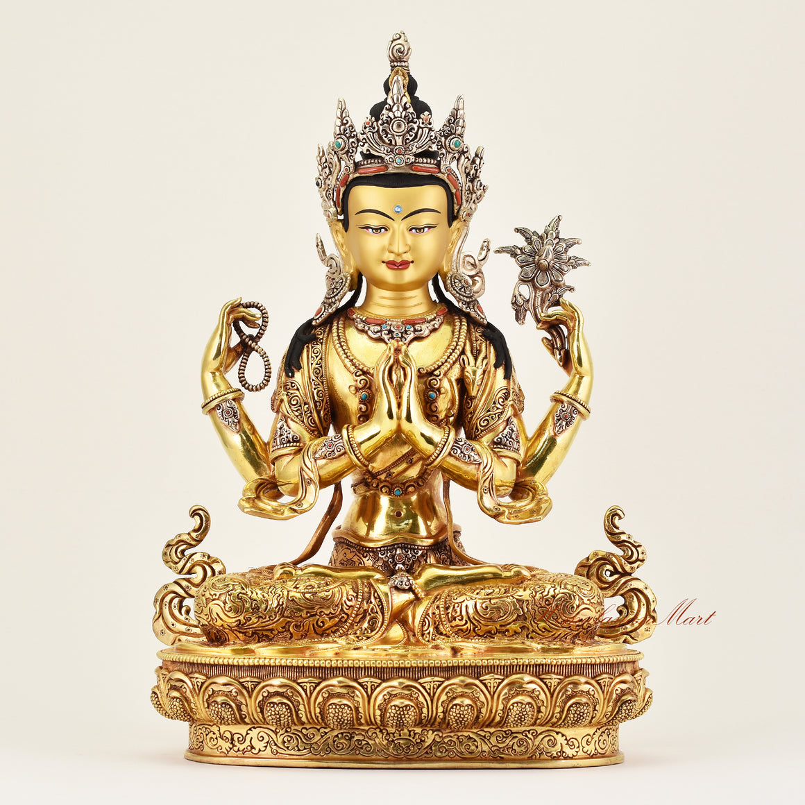Crowned Chenrezig statue representing compassion and wisdom, handcrafted Buddhist sacred art ideal for meditation and altar spaces.